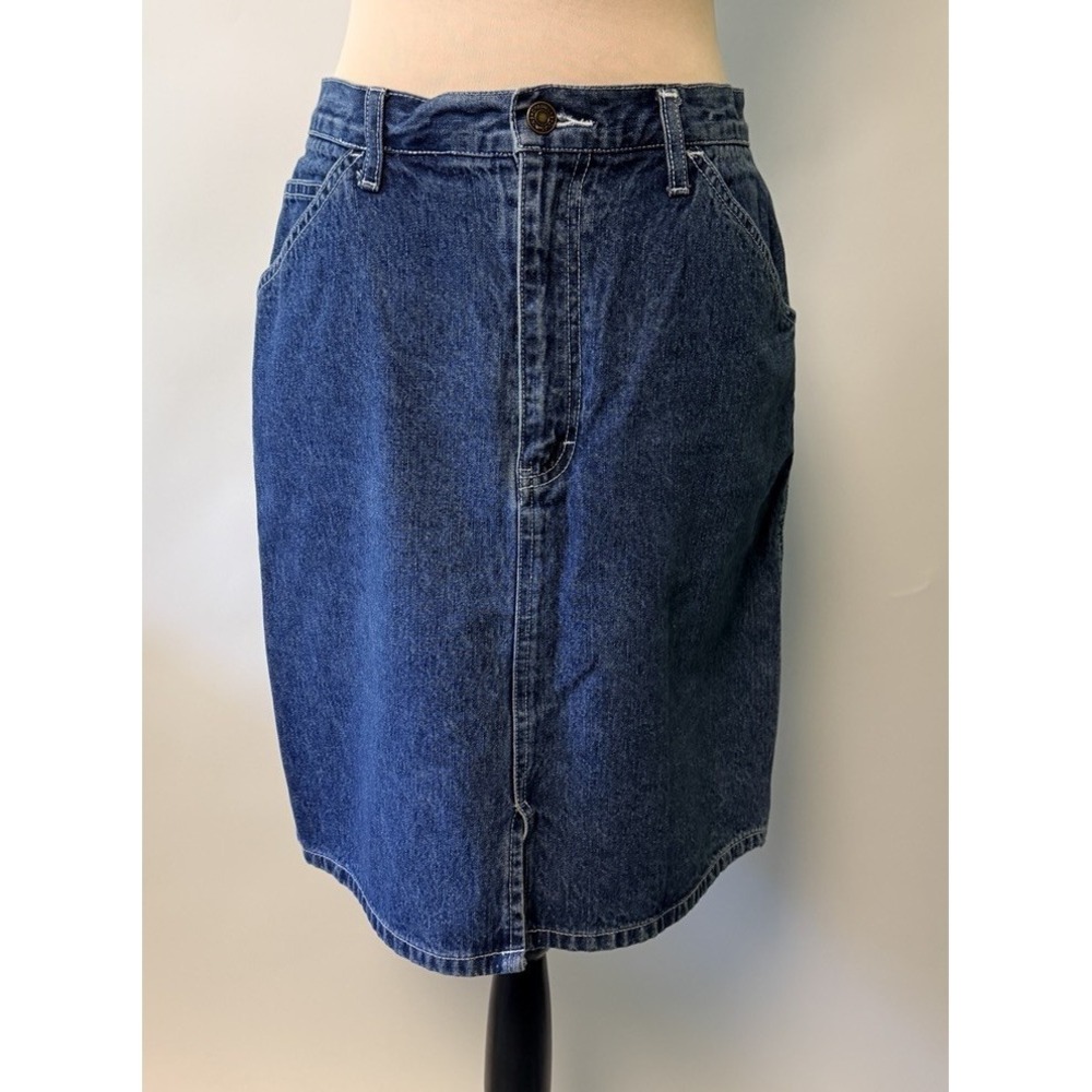 Vintage Denim Skirt Womens Sz 12 Carpenter Knee Length Front Slit Cotton Y2K 90s
